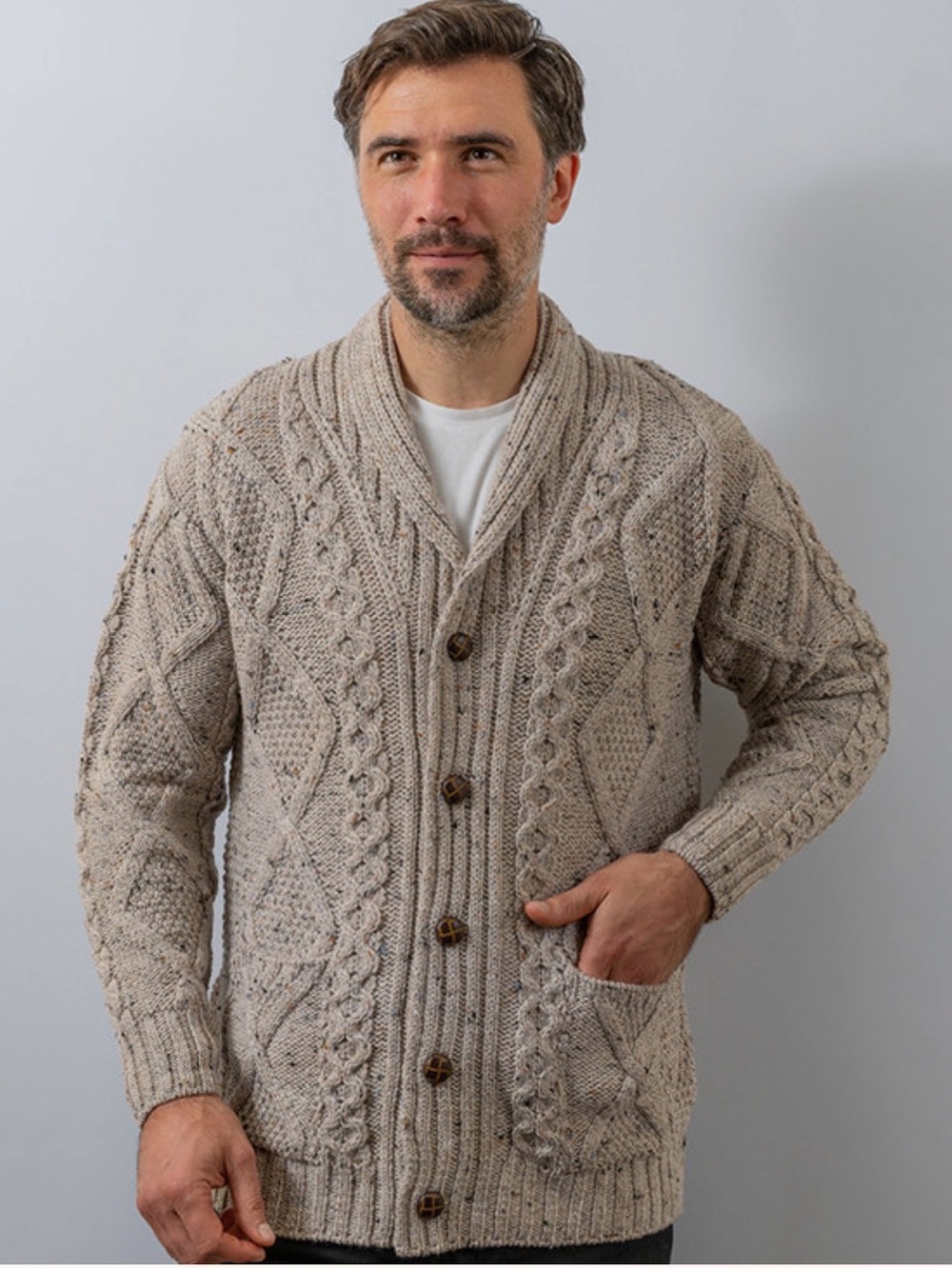 Aran Crafts Wool Men's Shawl ‎Neck Diamo‎nd Cardigan Sz M